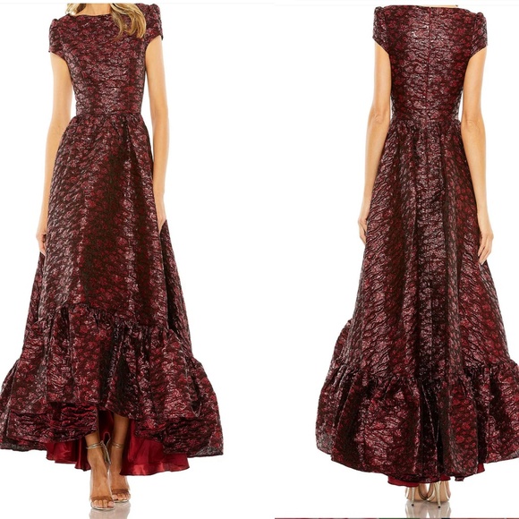 Mac Duggal 68623 Ruby Red Brocade High Low Dress Sz 16 Holiday Party Hi Low NEW - Picture 1 of 8